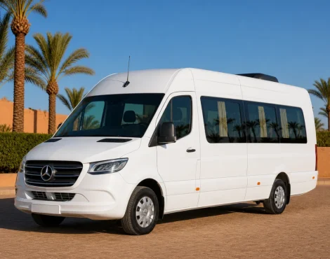 Pristine white Mercedes Sprinter passenger minibus in a palm-lined Marrakech fleet yard