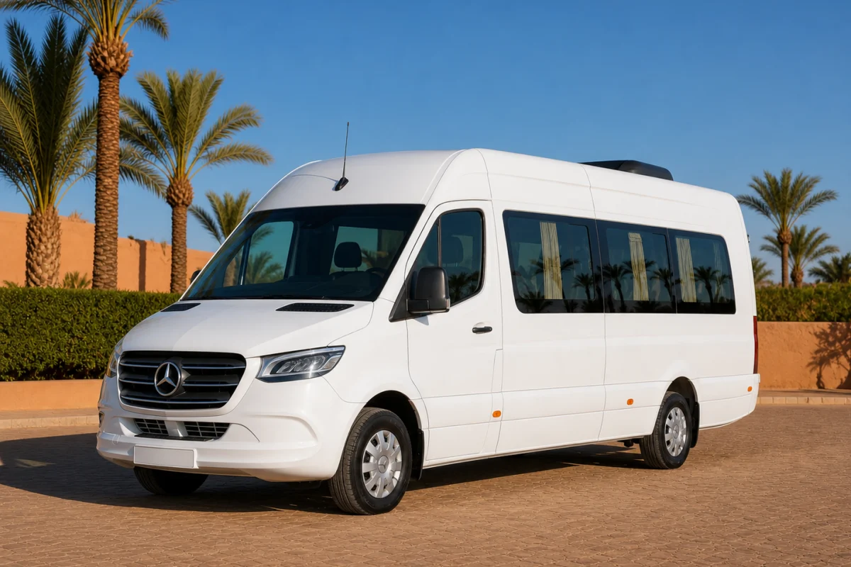 Pristine white Mercedes Sprinter passenger minibus in a palm-lined Marrakech fleet yard