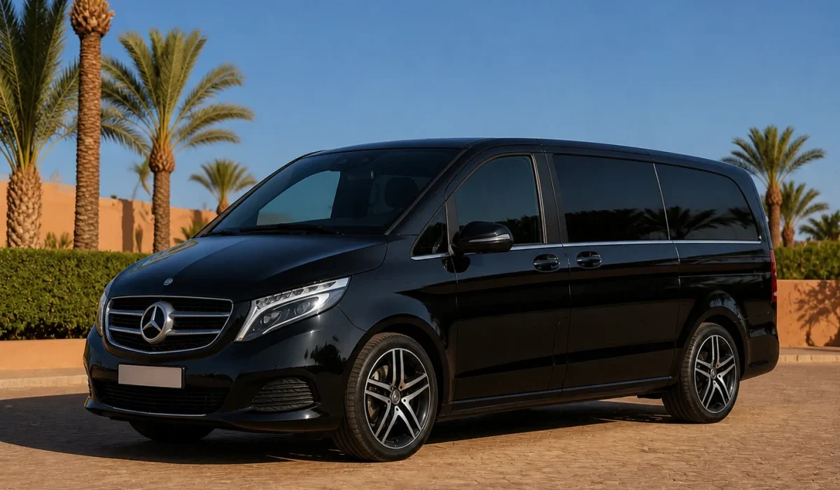 Pristine black Mercedes V-Class luxury passenger van in a palm-lined Marrakech fleet yard