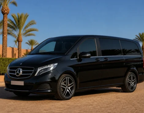 Pristine black Mercedes V-Class luxury passenger van in a palm-lined Marrakech fleet yard