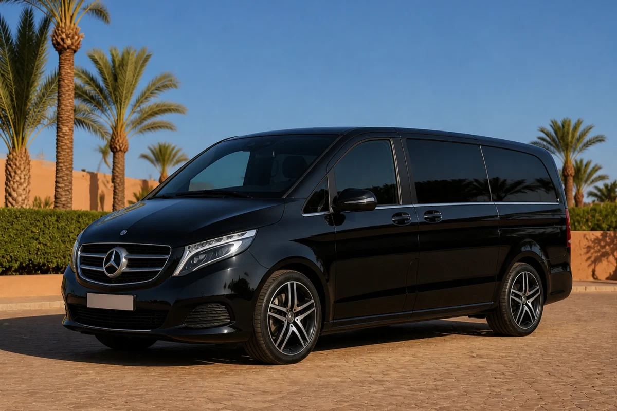 Pristine black Mercedes V-Class luxury passenger van in a palm-lined Marrakech fleet yard