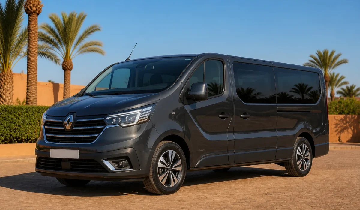Pristine graphite Renault Trafic passenger minibus in a palm-lined Marrakech fleet yard
