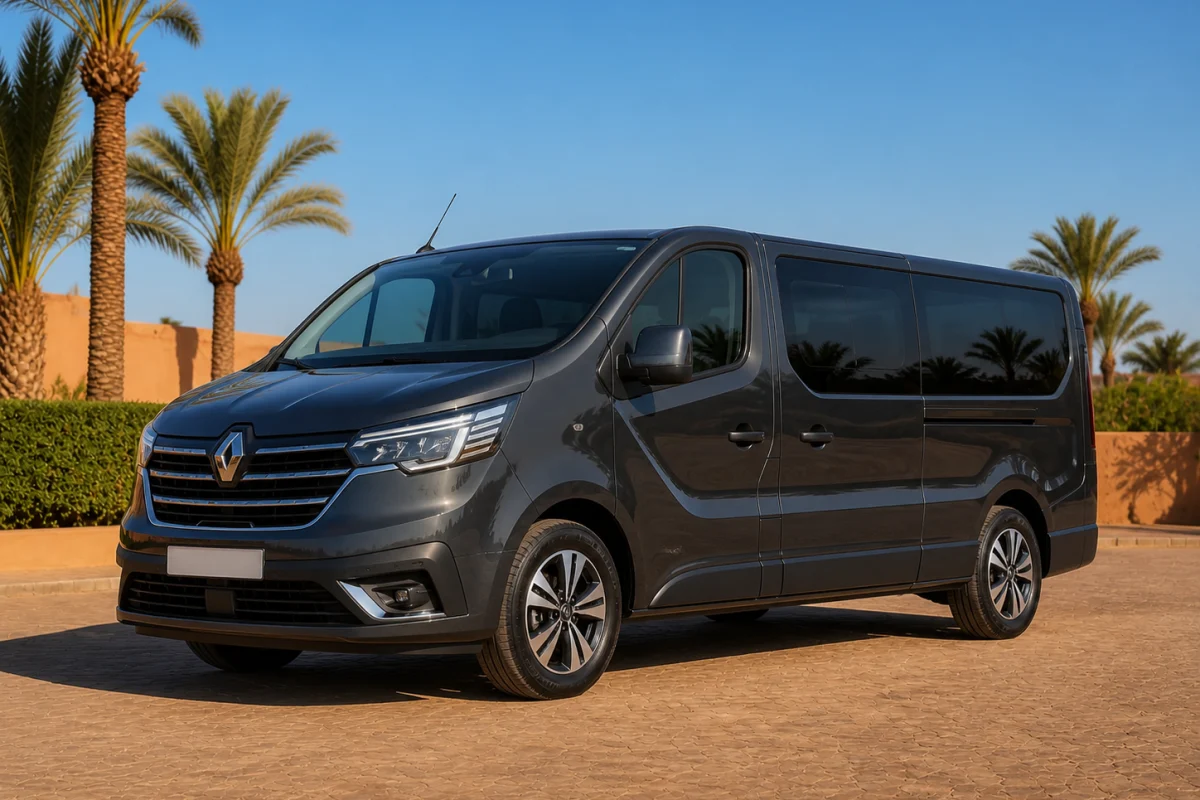 Pristine graphite Renault Trafic passenger minibus in a palm-lined Marrakech fleet yard