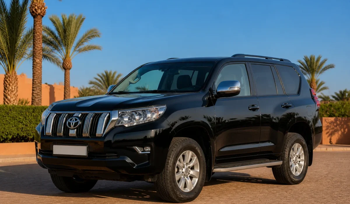 Pristine black Toyota Land Cruiser Prado 4x4 in a palm-lined Marrakech fleet yard
