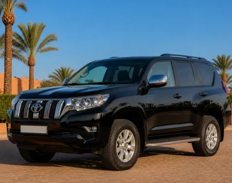 Pristine black Toyota Land Cruiser Prado 4x4 in a palm-lined Marrakech fleet yard