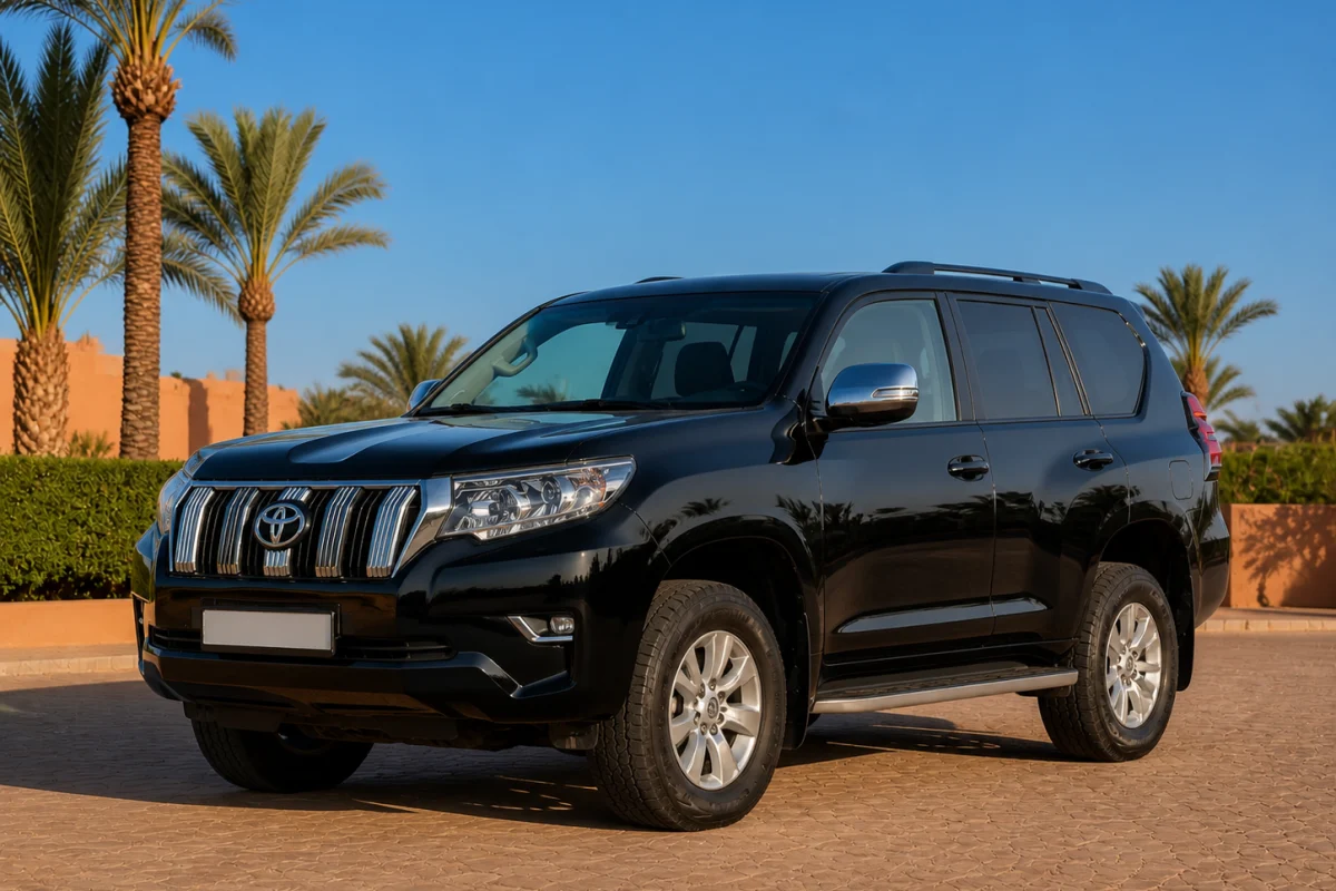 Pristine black Toyota Land Cruiser Prado 4x4 in a palm-lined Marrakech fleet yard